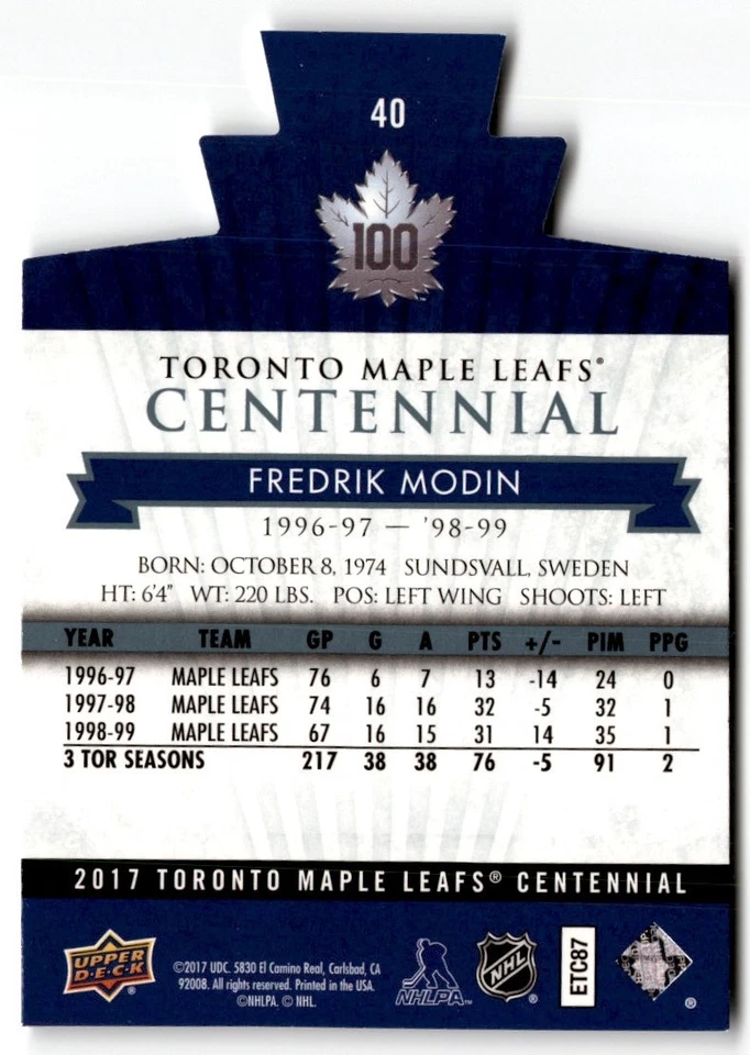 Fredrik Modin 2017-18 Upper Deck Toronto Maple Leafs Centennial Blue Die Cut #40 - Image 2 of 2