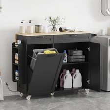 Rolling Kitchen Island Cart with Trash Can Cabinet Utility Trolley w/Drop Leaf