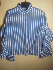 Odeeh Top Women M Blue Stripe Ruffles Classy Preppy Work Wear