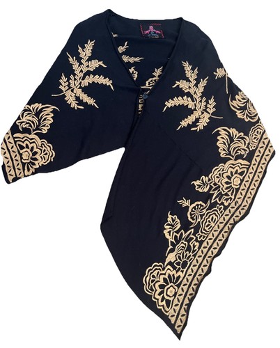 Johnny Was Women Black/Gold Cotton Knit Asymmetrical Shawl with Embroidery Small - 第 1/5 張圖片