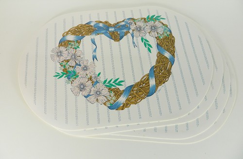 Vinyl Placemats 4 Vtg 80s 90s Floral Striped Dusty Blue Heart Wreath Cottagecore