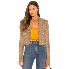 L'agence Inez Cropped Houndstooth Double Breasted Blazer Jacket Beige Wool Us 0