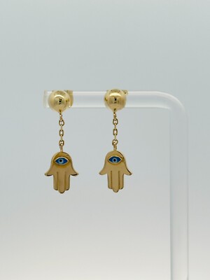 14k Solid Gold Evil Eye inside Hamsa Hand Stud Earrings for Women