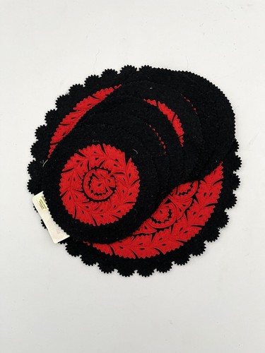 Hungarian Folk Art Floral Red on Black Felt Coasters and Doily authentic - Picture 5 of 8