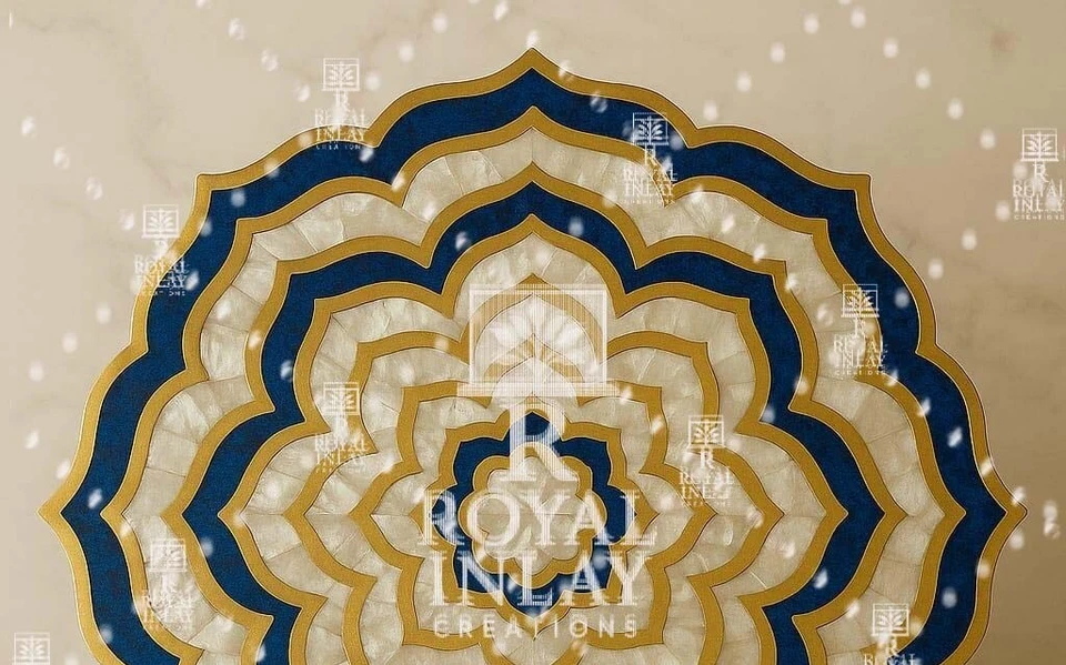 18" MoP & Lapis Lazuli Lotus Table Handmade Gemstone Inlay Accent Table - Image 3 of 4