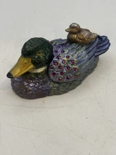 Bejeweled Mallard Duck Hinged Trinket Box Brass Enamel And Acrylic Hand Painted