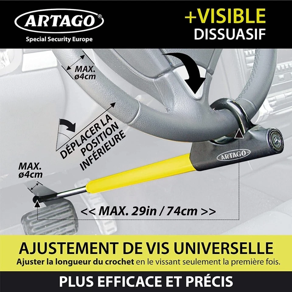 Barre Antivol Volant Pédale Voiture Auto Canne Réglable Universelle 74 cm - Photo 3/4