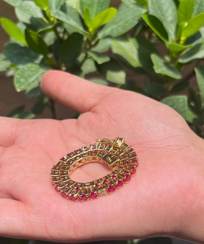 10Ct Round Natural Red Ruby Diamond Women's Tennis Bracelet 14K Yellow Gold 7.5" - Image 4 of 4