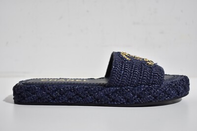 Chanel 21C Navy Blue Cord Gold Chain CC Logo Mule Slide Slip On