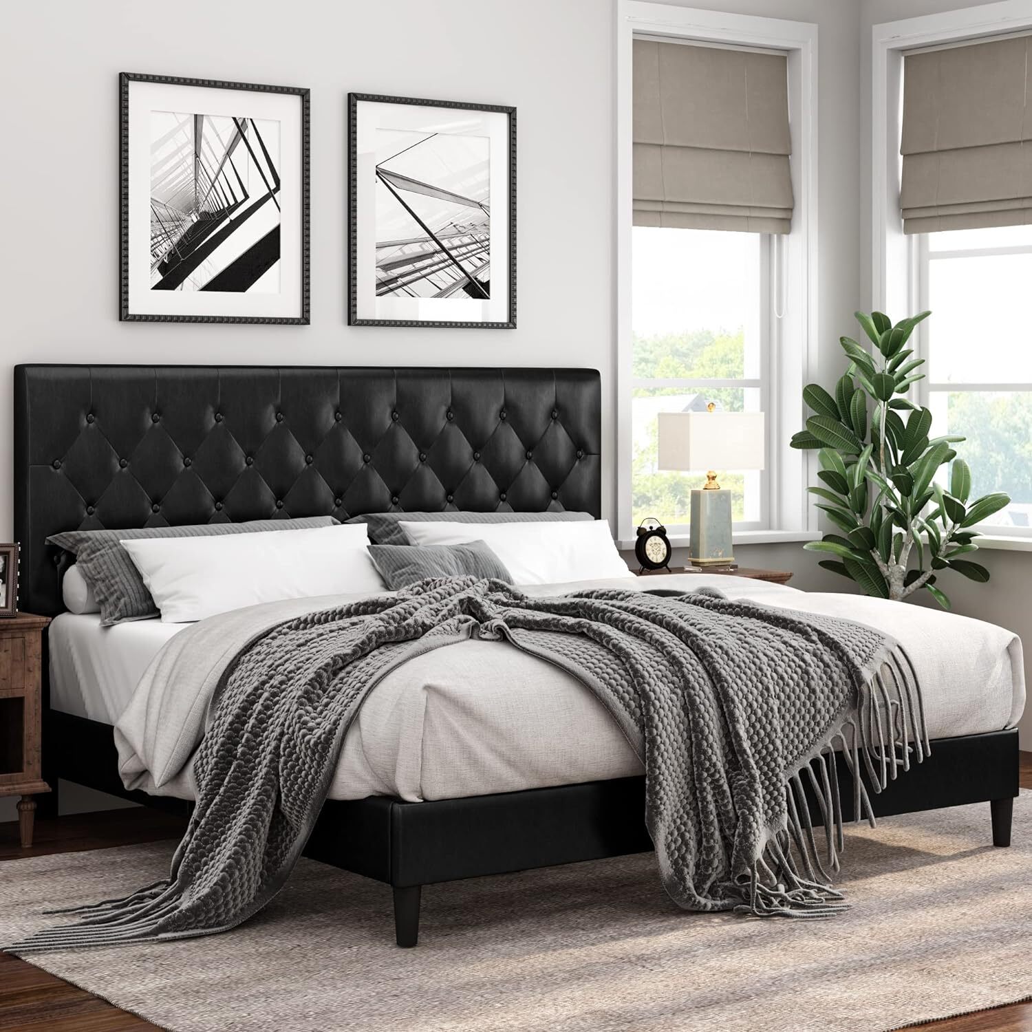 Upholstered Platform Bed Frame with Button Tufted Headboard, Faux Leather