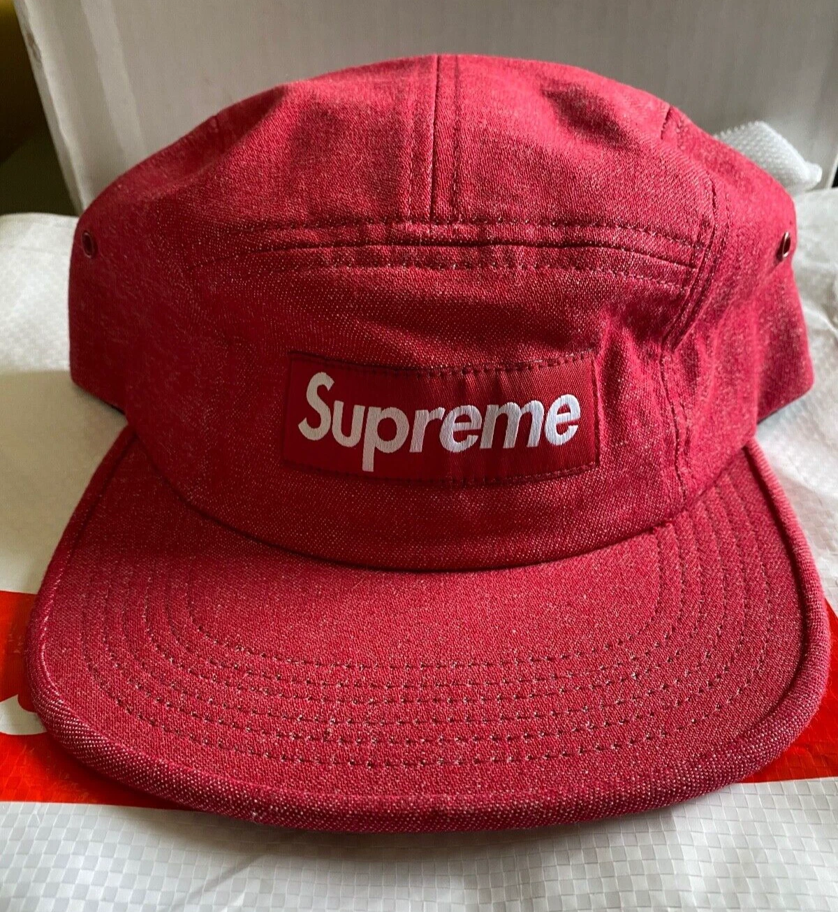 SUPREME DENIM CROC SANGLE CAMP CAP ROUGE fw14 FLAMBANT NEUF bogo camo cdg floral