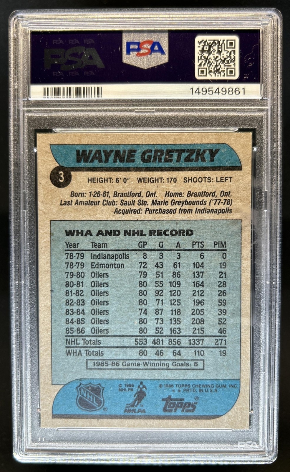 1986-87 Topps Wayne Gretzky #3 Oilers PSA 8 view 2