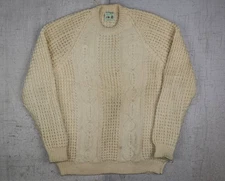 VINTAGE Inishowen Men Sweater L Cream Cable Knit 100% Wool Handloomed Donegal