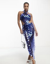 NWT SIMMI London Petite Size LP Blue Embellished Disc Cut Out Waist Maxi Dress