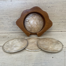 Vtg Mother of Pearl Capiz Shell Coaster Set of 4 w/ Wooden Shell Shaped Holder