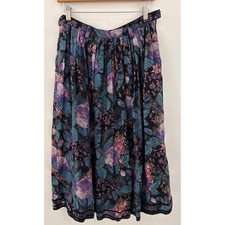 Vintage Altenbeurer Pleated Midi Skirt Floral Print Black Purple Sz10 whimsigoth