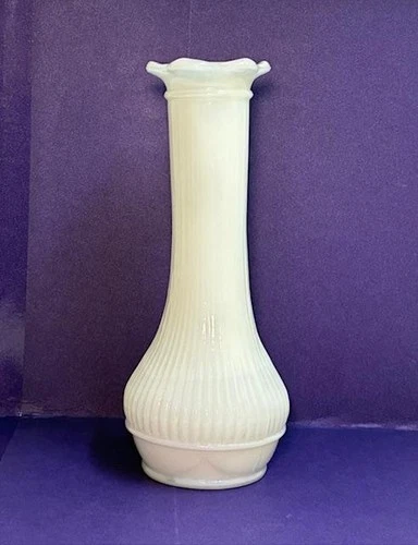 VINTAGE, WHITE MILK GLASS BUD-VASE: 'RANDALL', 6” RIBBED, PETAL RIMMED