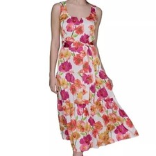 Karl Lagerfeld Paris Floral Print Belted Square Neck A Line Dress Womens Size 10