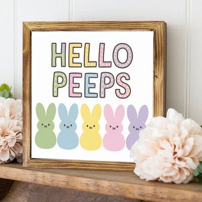 Vintage Hello Peeps Colorful Bunny Silhouette Wooden Plaque Easter Decoration