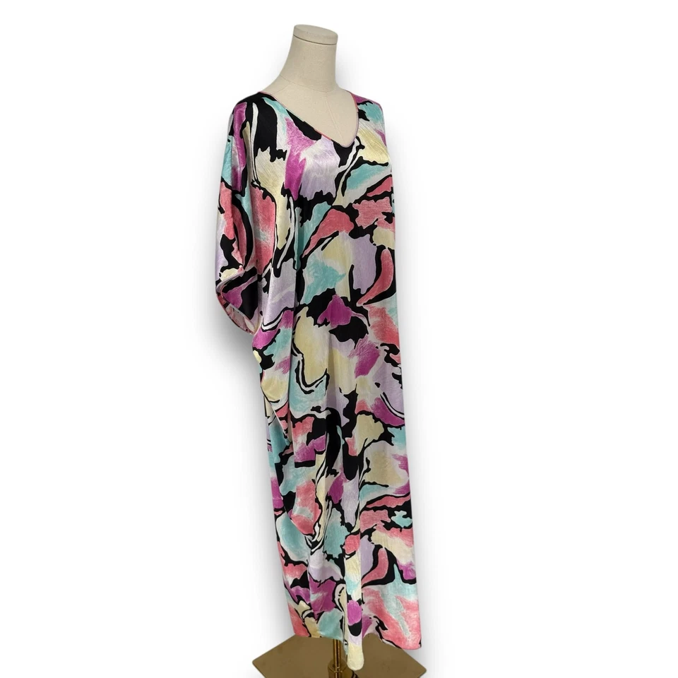 Maxi Vestido Caftán Manga Kimono Abstracto Neón Negro Mary McFadden Años 80 De Colección Foto 3 de 4