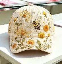 Bee Floral Embroidered Baseball Cap, Dandelion Wildflower Vintage Soft Dad Hat