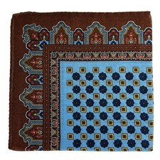 Light Blue Brown Floral Wool/Cashmere Pocket Square Handmade in Italy