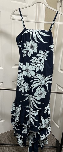 Hawaiian Hula Dress Blue Floral Luau Dance Costume Ruffle Hem Women’s SZ 3/4