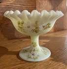 Fenton Custard Glass Hand Painted Ruffled Pedestal 4" Open Compote Artist Signed