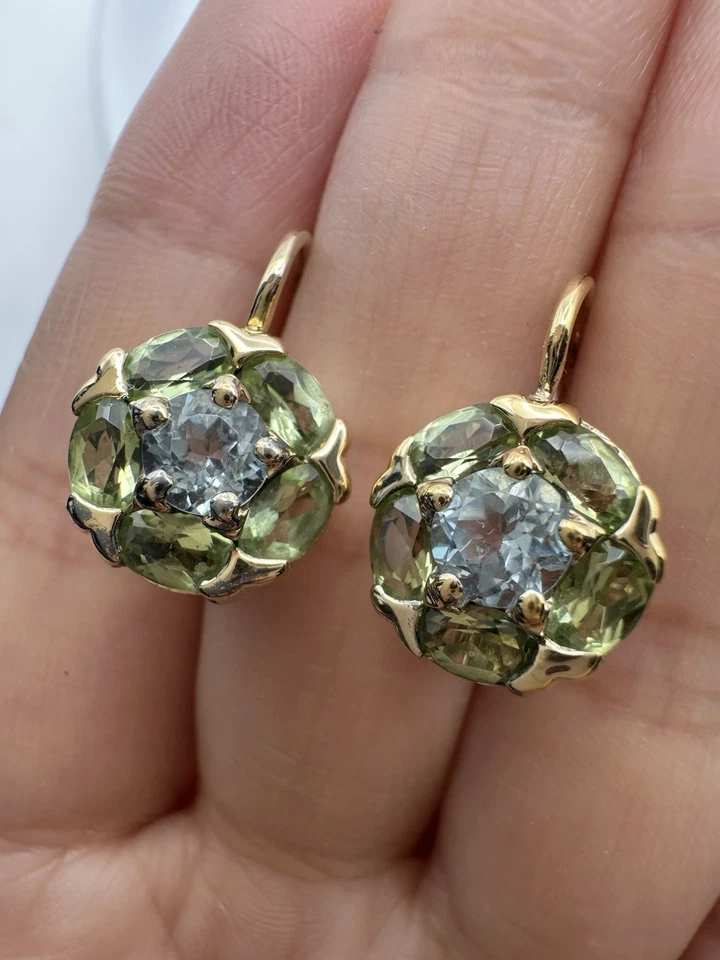 Sterling Silver 14k Gold Vermeil Natural Peridot Blue Topaz Lever Back Earrings  - Image 2 of 4