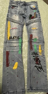 Encrypted Jeans Mens 20 Distressed Paint Splatter Hustle Patch Streetwear Denim