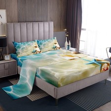 Ocean Bed Sheets Set Queen Beach Fitted Sheets Coastal Nature Theme Pattern