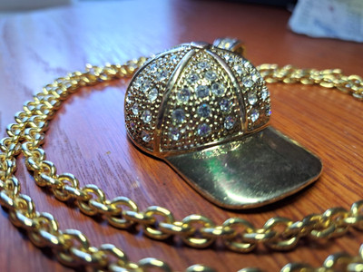 Vtg Signed FL&B Bling Rhinestone Ballcap Pendant Joan Rivers 30'' Necklace Hiphop