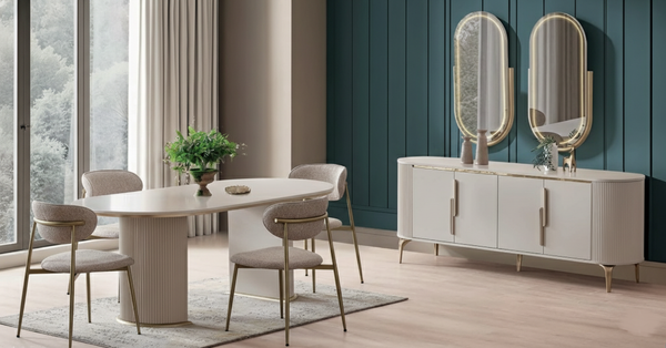 Modernes Esszimmer-Set Mit Tisch 4 StüHlen Und Sideboard Mit Spiegel-image