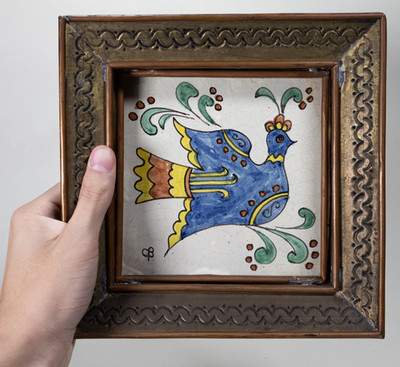 Rare Vintage Gene Byron Signed Mexican Hanging Tin Copper Framed Tile of Bird