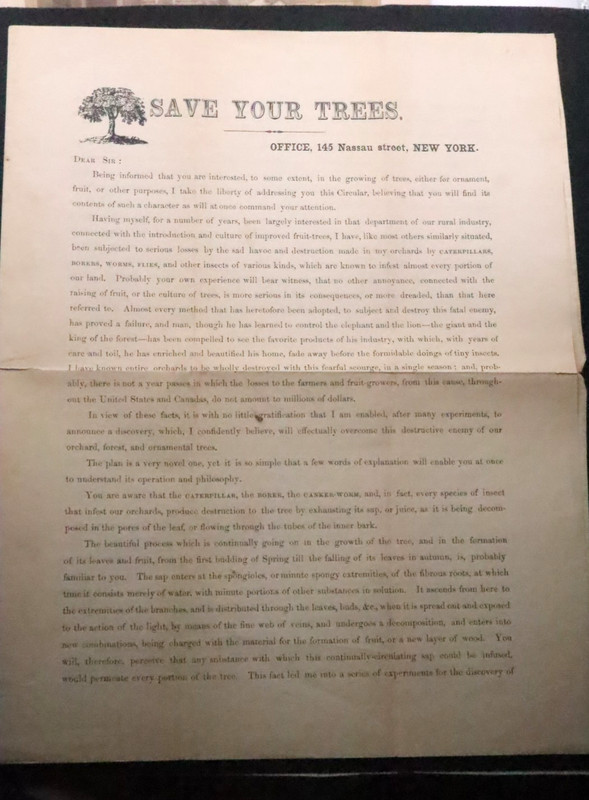 Rare Civil War Era Save Your Trees Circular C.H. Tyler NY Orchard Pest Broadside