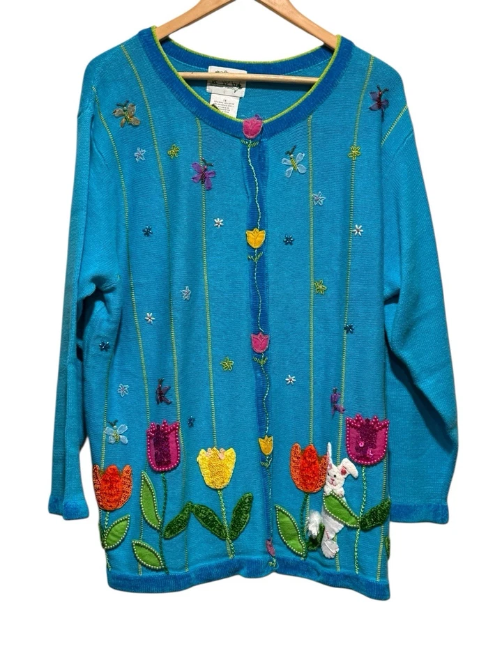 Quacker Factory Size 1X Blue Easter Bunny Floral Novelty Womens Cardigan Sweater - Image 2 of 4