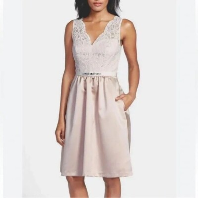 After Six Cameo Blush Pink Lace Cocktail Length V-Neck Dress, Size 8, NWT