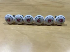Vintage Porcelain White w/Pink Roses Drawer Cabinet Knobs ( Set of 6 )
