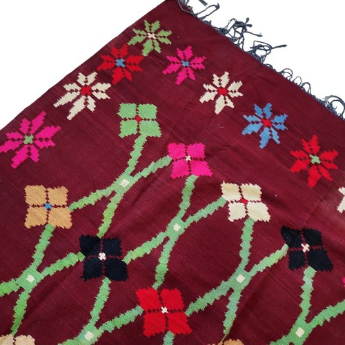 Vintage Moroccan Rug Handmade Fringe Maroon Wool Geometric Floral Design Carpet - Picture 22 of 24