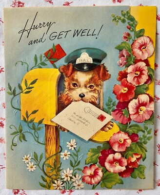 Vintage 1940s UNUSED Die-Cut Get Well Card Cute Dog in Rural Mailbox Hollyhocks