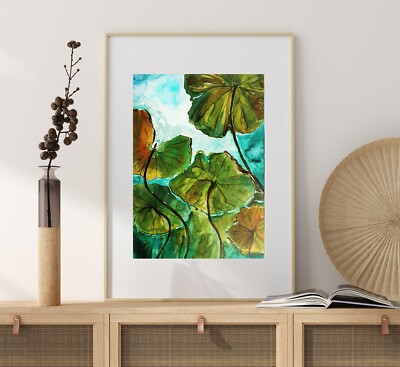 Water lily leaves in a pond, ink and watercolors original painting on paper,