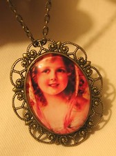 Scallop Brasstn Peach Pink Victorian Girl Glass Cameo Pendant Necklace Brooch
