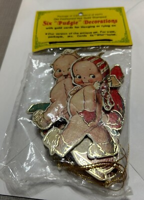 Christmas Ornaments Pudgie Kewpie Cardboard Gold Stamped Decoration Set Of 6 NEW