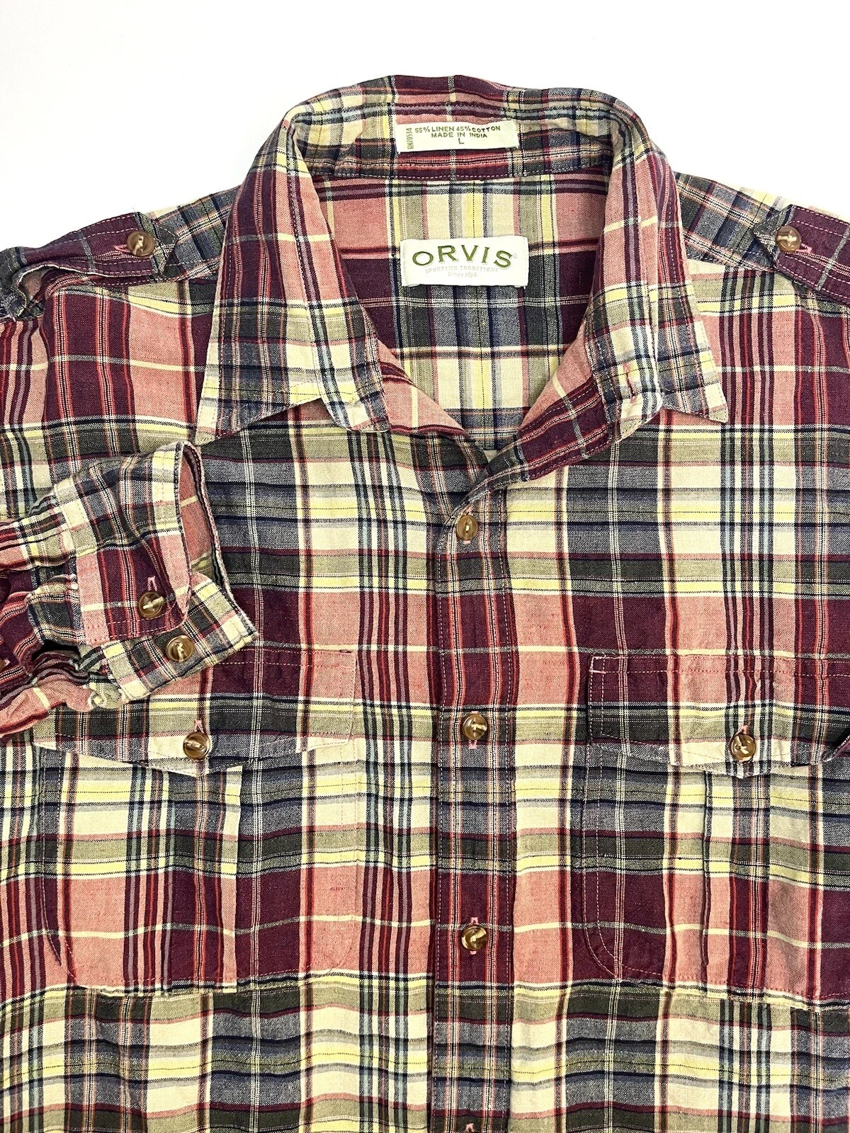 Orvis Men’s Linen Plaid Long Sleeve Shirt Size L Breathable