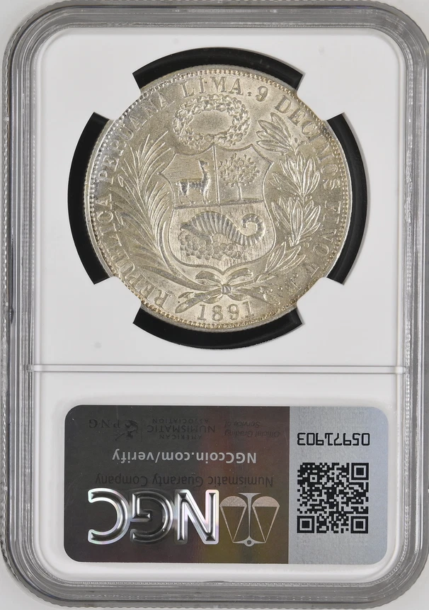 :1891 TF PERU SILVER-CROWN 1 SOL BU NGC MS 61 RARITY R6 LOW POP HIGHEST-GRADES - Image 2 of 2