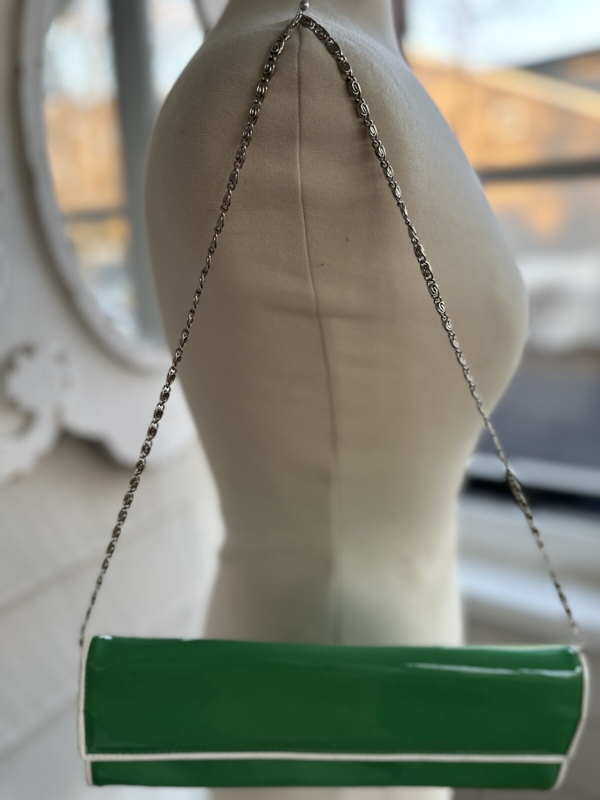 Aldo GREEN Crossbody Clutch Bag Purse Novelty Vinyl White Trim Preppy