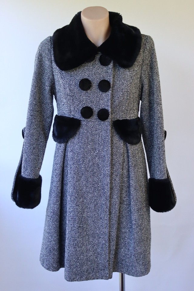 CKM Vintage Style Tweed Coat Jacket with Faux Fur Trim size Small