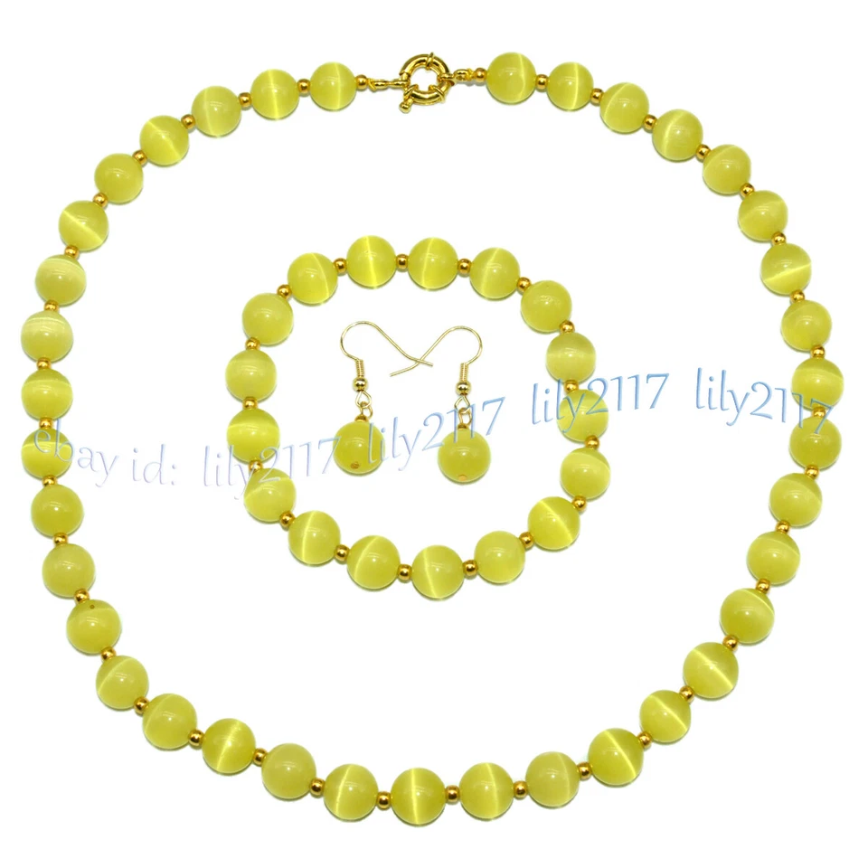 6-14mm Multicolor Opal Cat's Eye Round Gems Beads Necklace Bracelet Earrings Set - Image 4 of 4