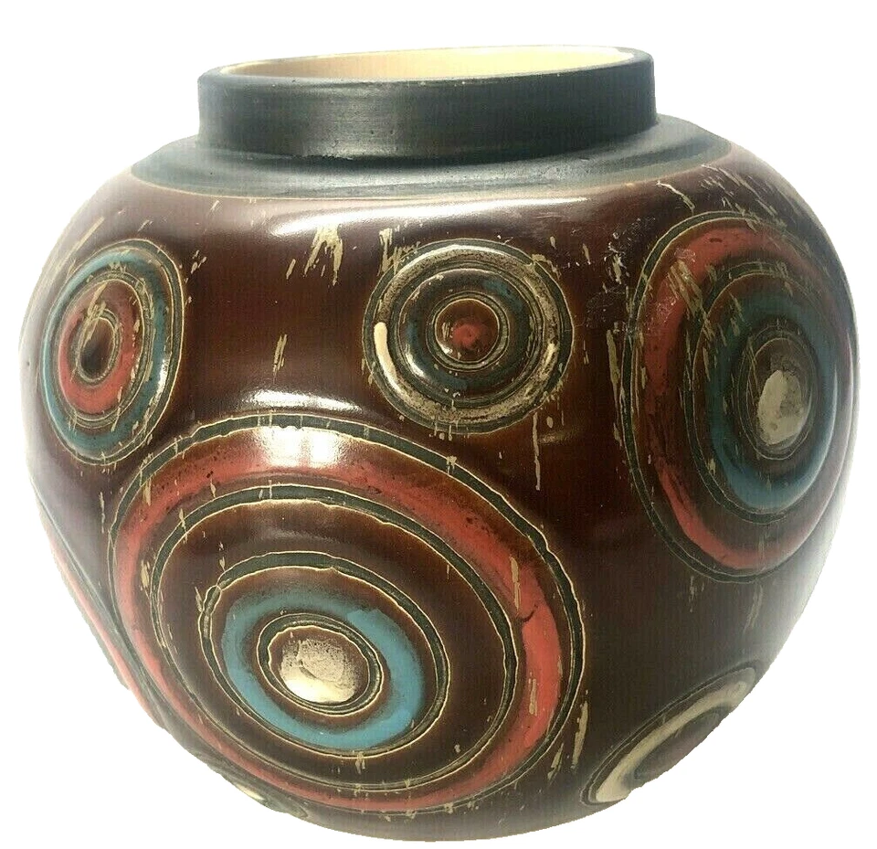 Boho Round Art Pottery Vase Black Brown 6x7" By Privilege International 34193  - Image 3 of 4