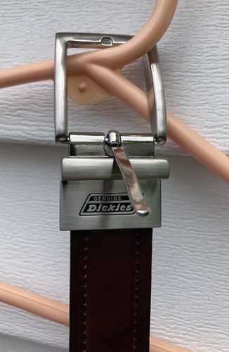 Belt Boys Sz L 30-32 Brown Leather Dickies Brand Brushed Silver Color Buckle - Picture 4 of 5
